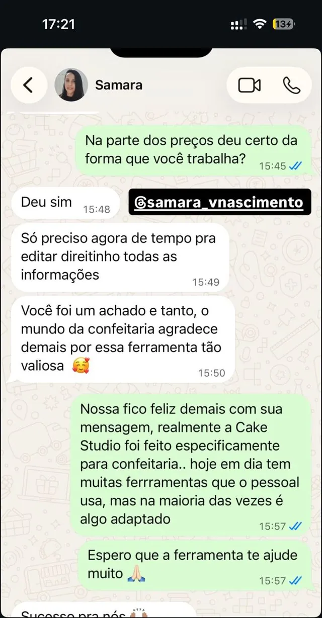 Depoimento real de @samara_vnascimento sobre o Cake Studio